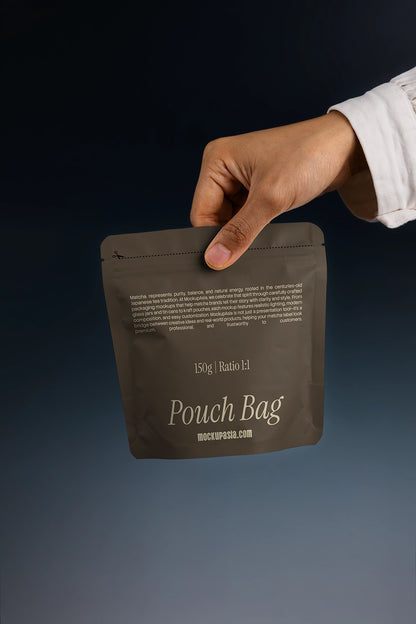 doypack mockup with hand holding pouch bag, clean studio product display