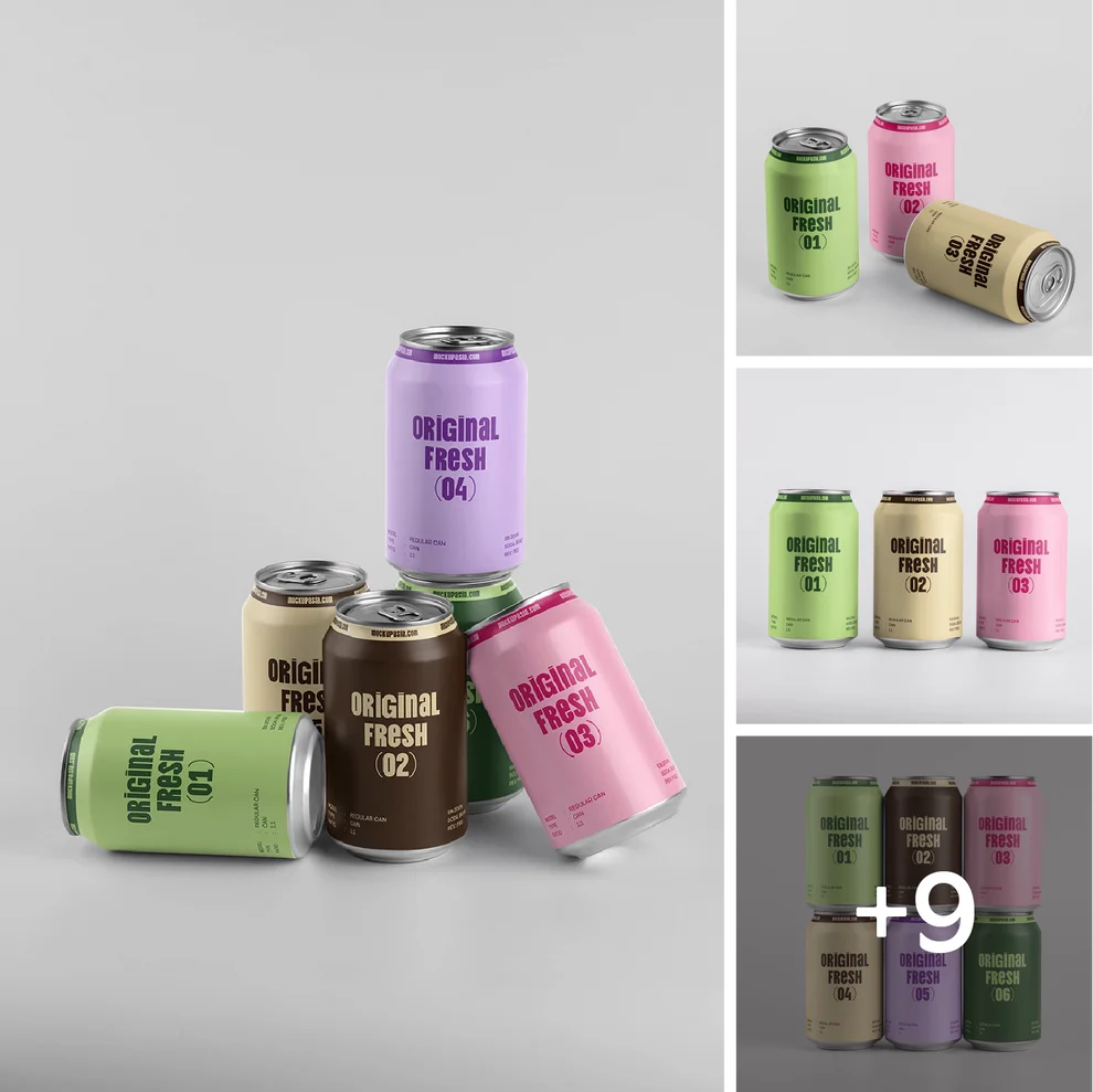 Regular Soda Can Mockup Bundle – 12 Professional Layouts (330ml)