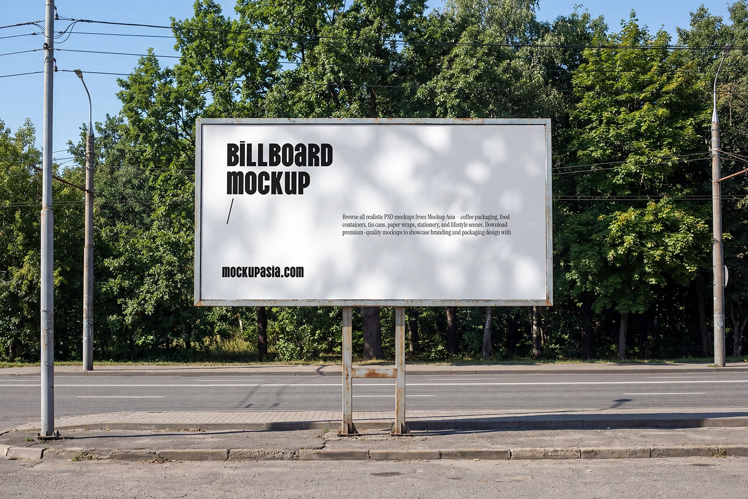 roadside billboard mockup with trees background and natural sunlight shadow patterns