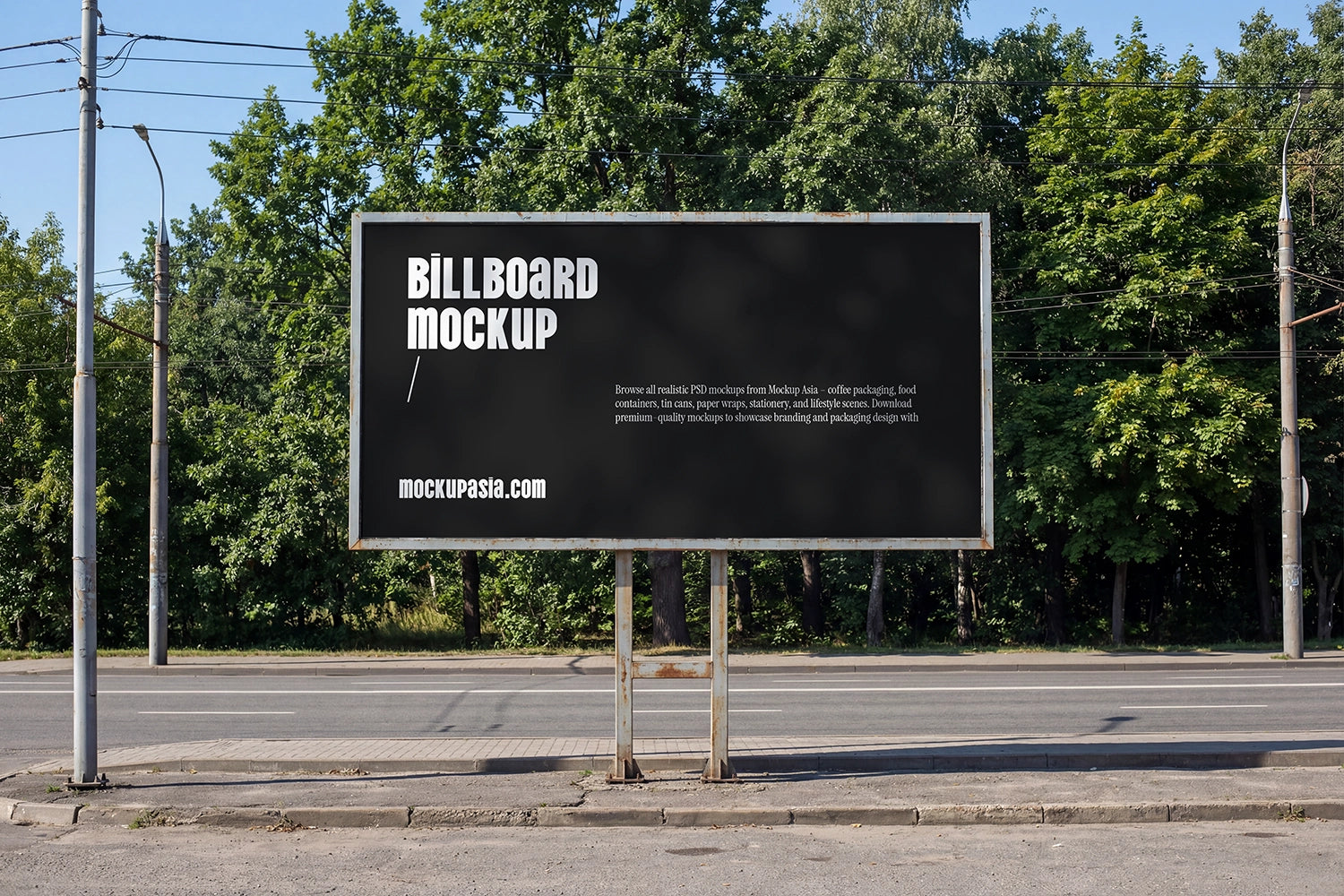 realistic outdoor billboard mockup on street with greenery and soft light shadows