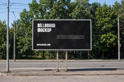 realistic outdoor billboard mockup on street with greenery and soft light shadows