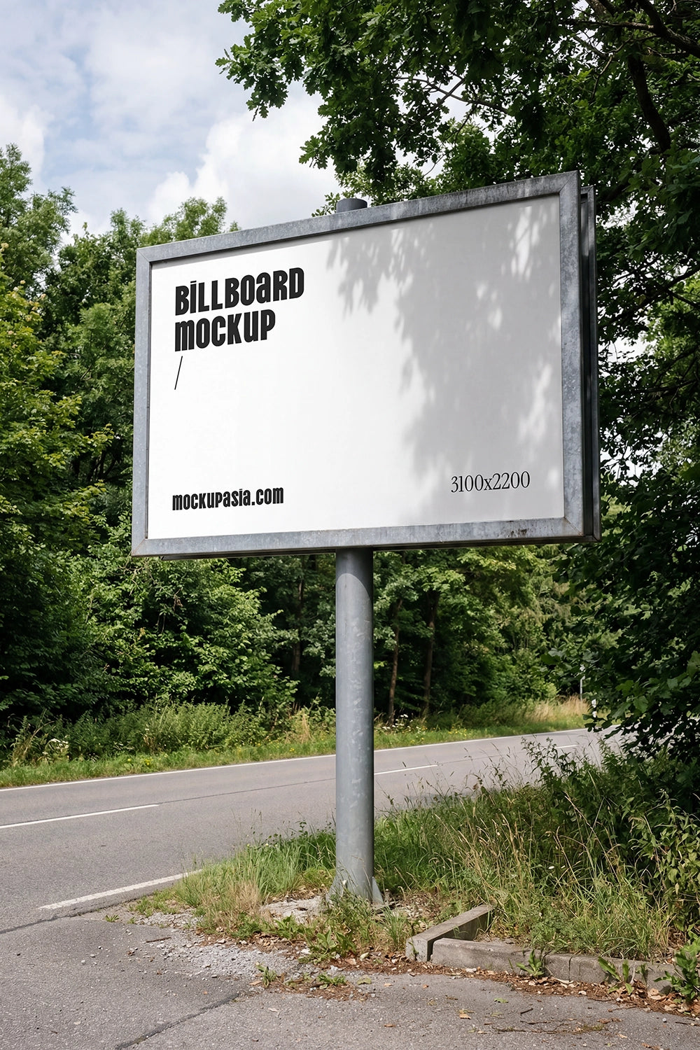 roadside billboard mockup with metal pole and forest background in natural daylight