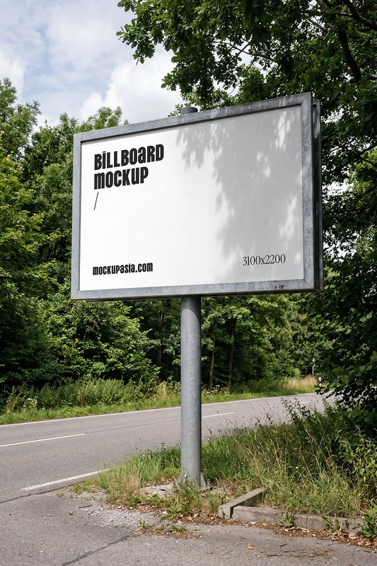 roadside billboard mockup with metal pole and forest background in natural daylight