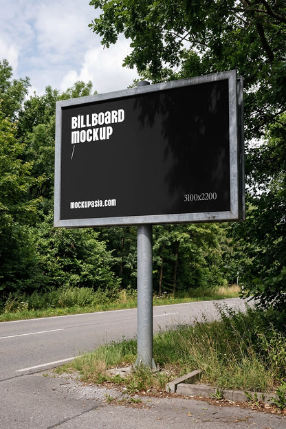 realistic outdoor billboard mockup on single pole with greenery and soft shadow lighting