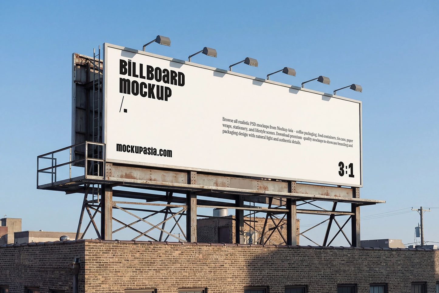 large rooftop billboard mockup with metal structure and clear blue sky background