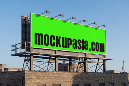 urban rooftop billboard mockup with lighting fixtures and minimalist design layout