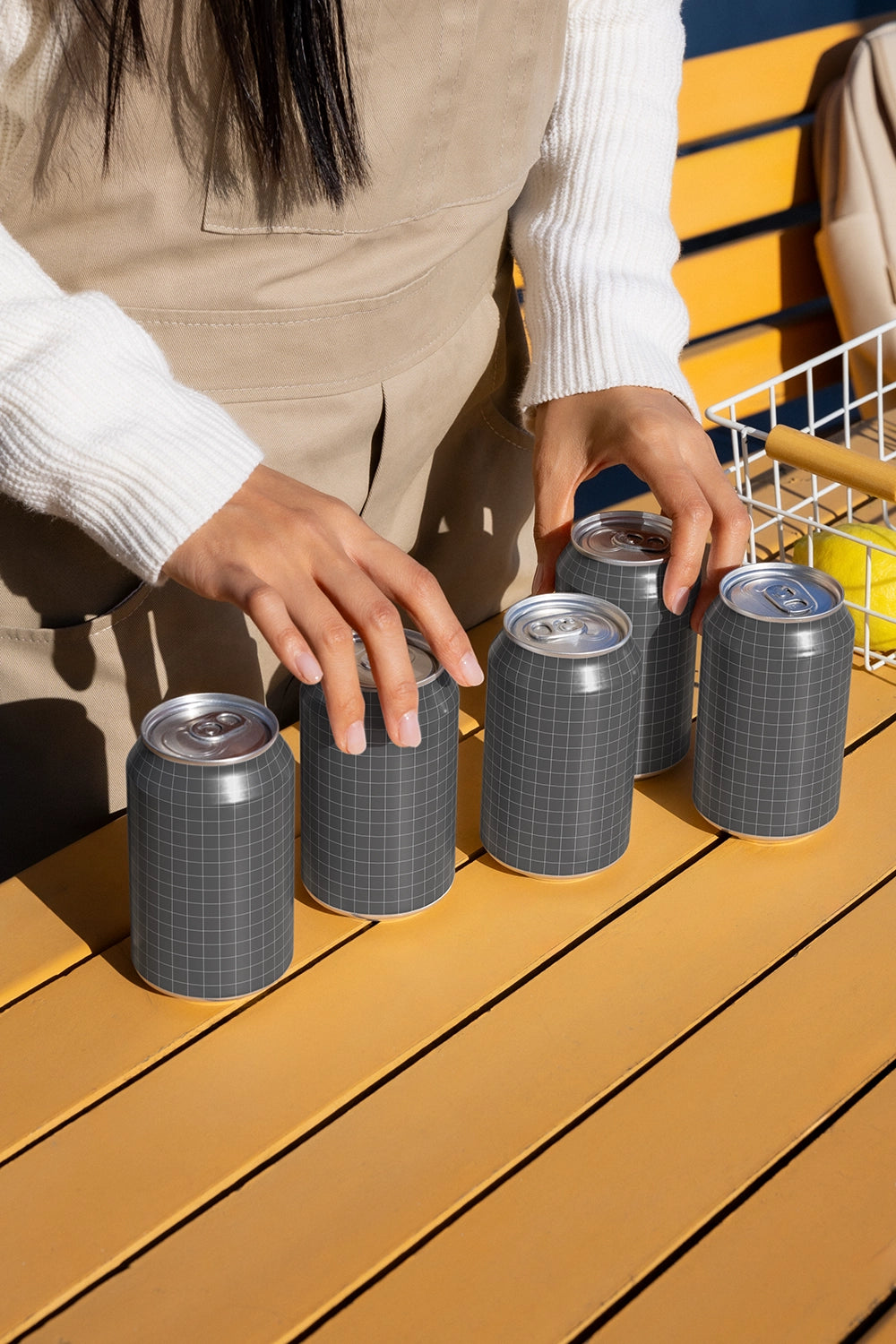 Aluminum soda can mockup collection colorful cans outdoor setup realistic lifestyle packaging PSD