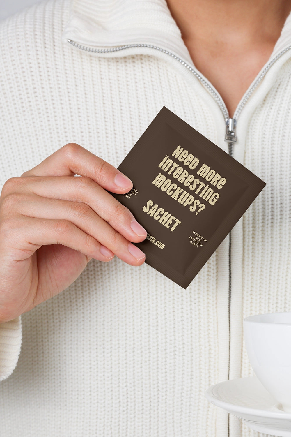realistic sachet packaging mockup with human interaction and modern typography layout