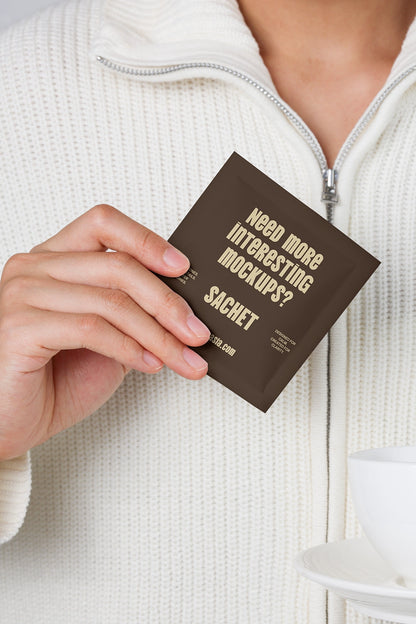 realistic sachet packaging mockup with human interaction and modern typography layout