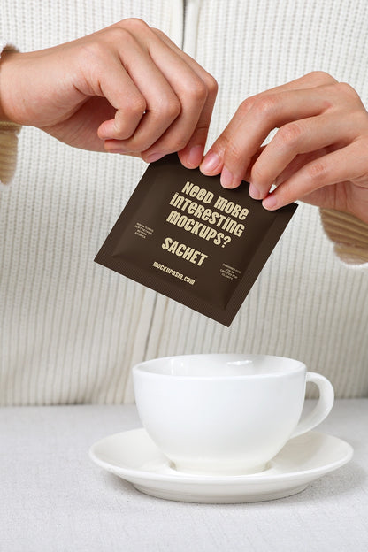 realistic sachet packaging mockup with hands opening packet above coffee cup