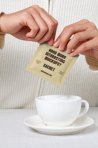 single-use sachet mockup with pouring action and lifestyle kitchen setting