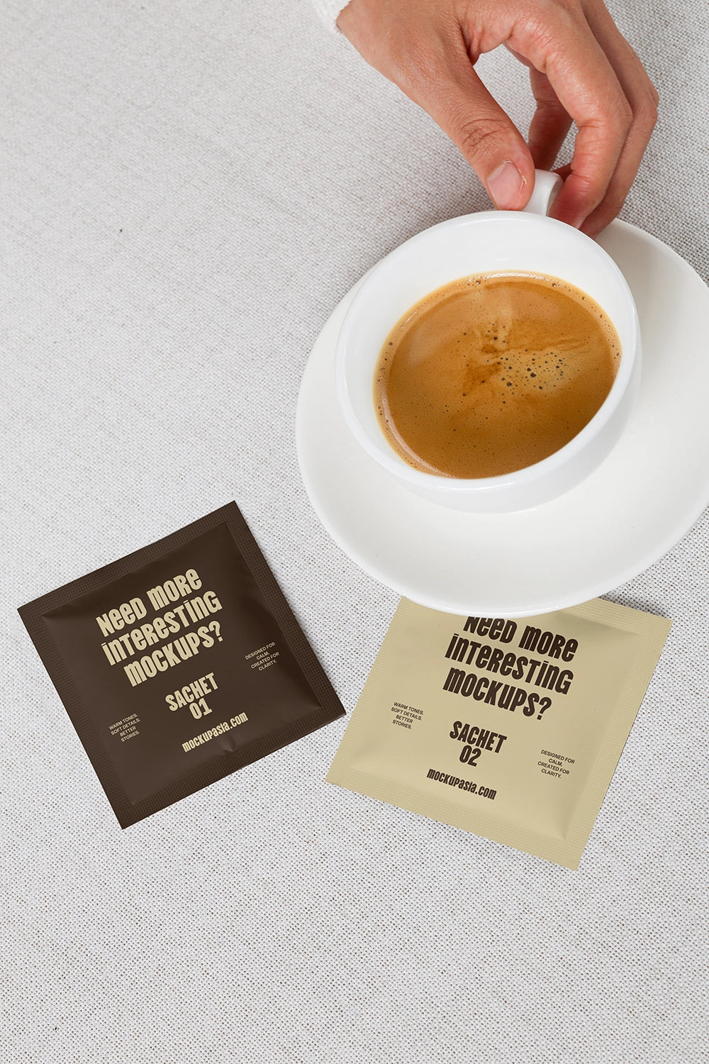 realistic sachet packaging mockup with espresso cup and minimal lifestyle setup
