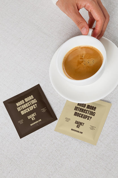 realistic sachet packaging mockup with espresso cup and minimal lifestyle setup