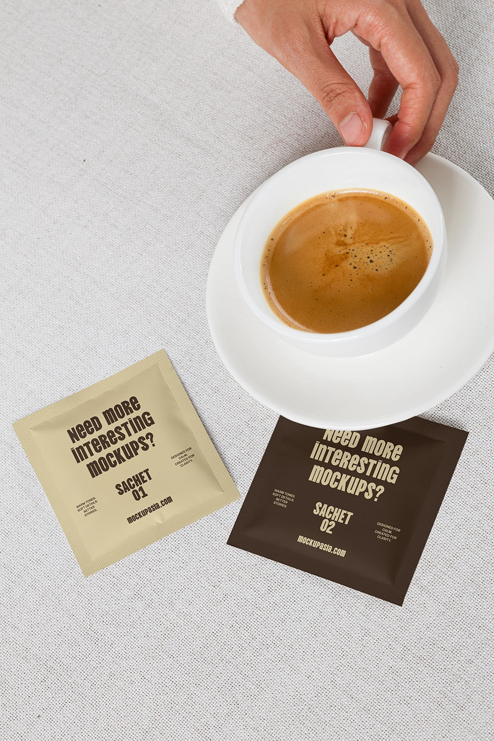 single-use sachet mockup with coffee cup and clean top view composition