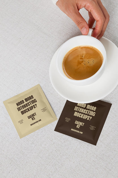 single-use sachet mockup with coffee cup and clean top view composition