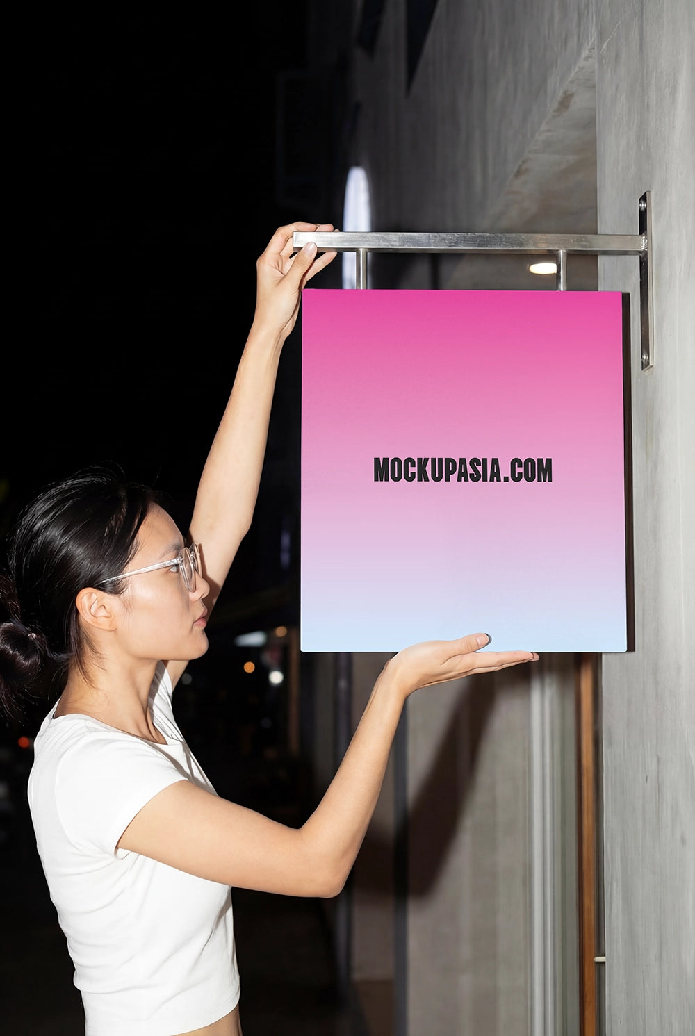 outdoor shop sign mockup with bold flash lighting showing clean rectangular signage for cafe branding