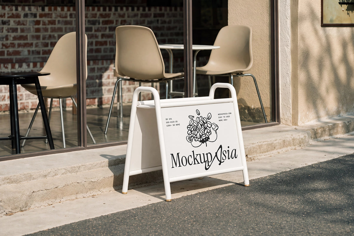 Café pavement sign mockup PSD with yellow tubular frame outside café