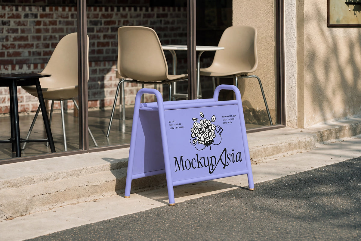 Colorful street sign board mockup in front of café window sunlight