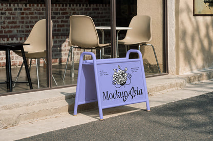 Colorful street sign board mockup in front of café window sunlight