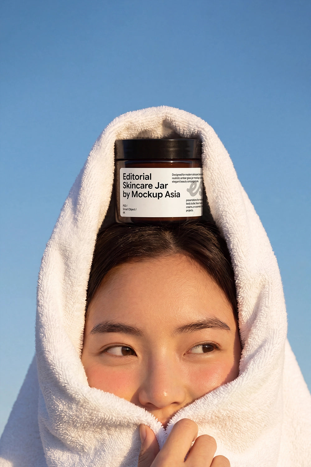 Spa skincare jar mockup with cosmetic cream container on towel-wrapped model
