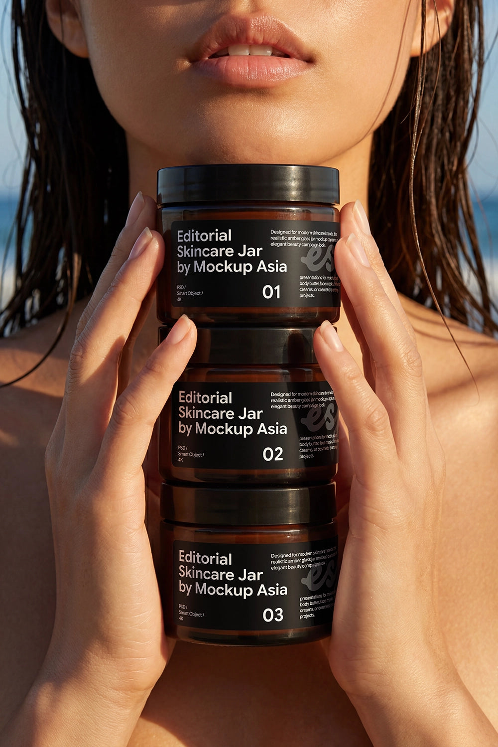 Luxury cosmetic jar collection mockup featuring three editable skincare containers.