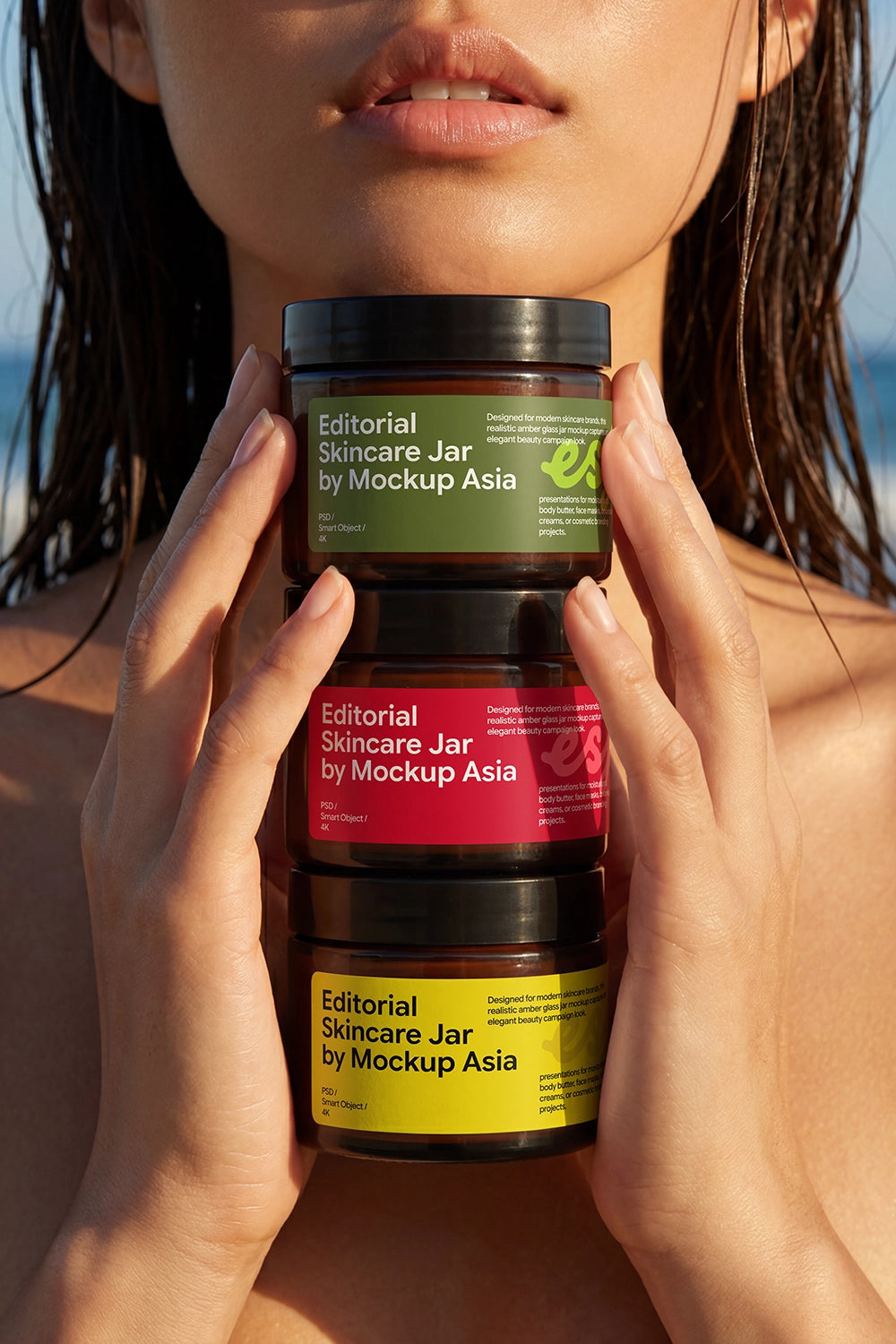 Editorial beauty mockup with stacked amber cream jars and realistic lifestyle photography.