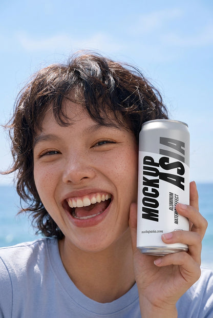 Model holding a metallic sleek can mockup against blue sky
