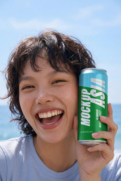 Realistic beverage can mockup with model under summer sunlight