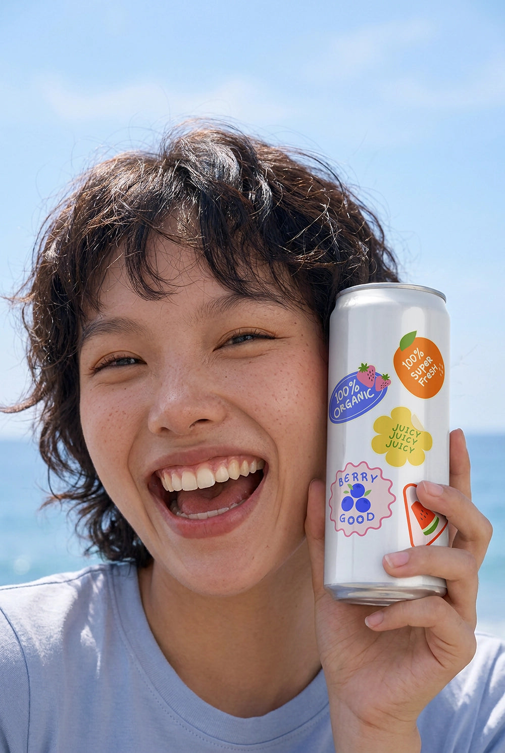 Realistic aluminum beverage packaging mockup with natural hand interaction