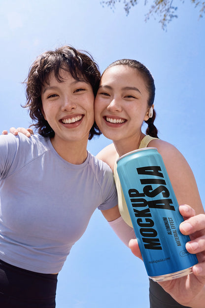 Realistic aluminum beverage packaging mockup with lifestyle models