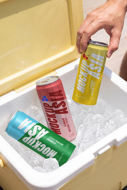 Realistic beverage can mockup with ice, condensation, and water droplets