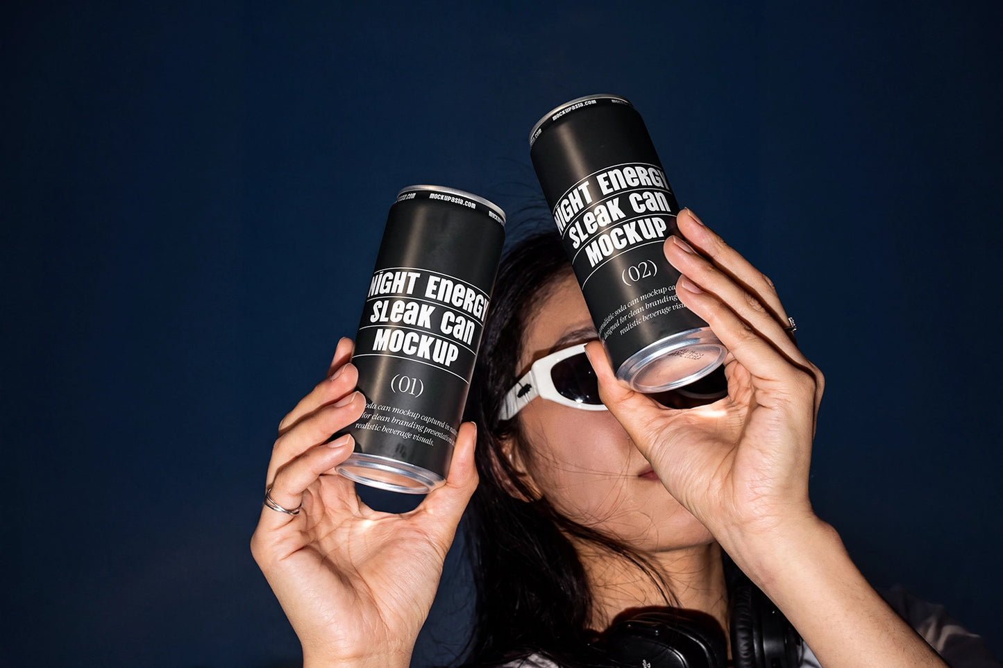 Slim beverage can mockup featuring a fashion editorial photography scene.