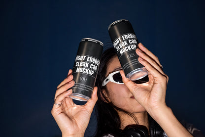 Slim beverage can mockup featuring a fashion editorial photography scene.