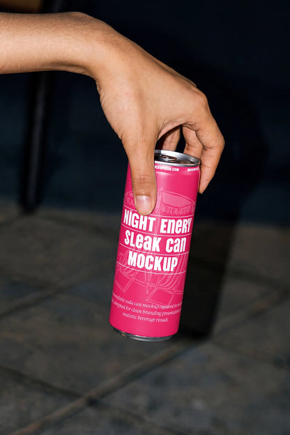 Aluminum beverage can mockup featuring a hand-held product presentation.