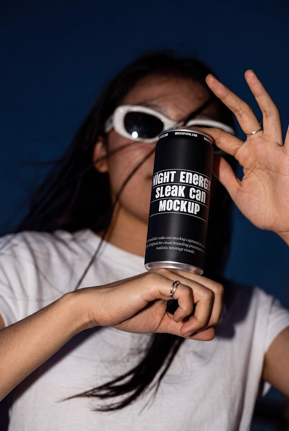 Slim beverage can mockup with editable label and direct flash lighting.