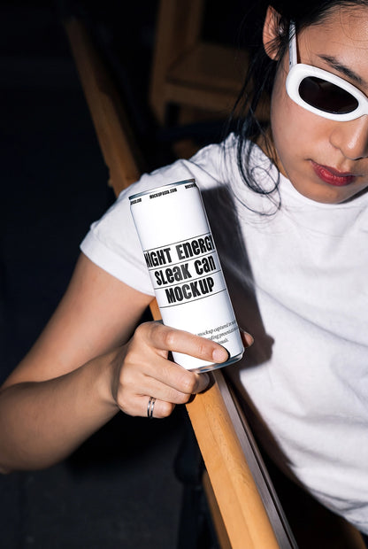 Sleek aluminum can mockup held by a woman in a lifestyle flash photography scene.