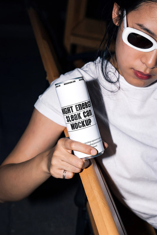 Sleek aluminum can mockup held by a woman in a lifestyle flash photography scene.