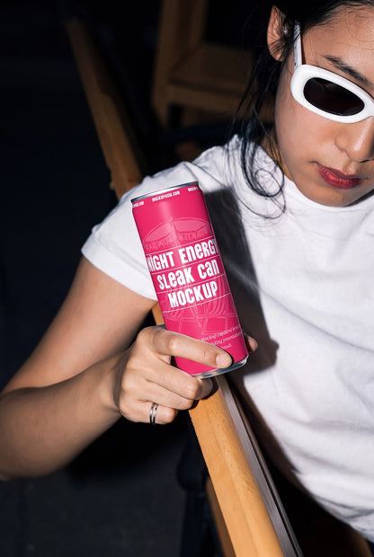 Lifestyle beverage packaging mockup featuring a slim cylindrical aluminum can.