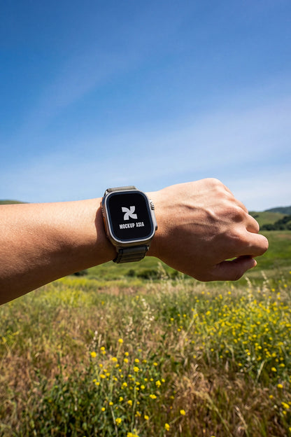 realistic smart watch mockup worn on hand with screen branding display