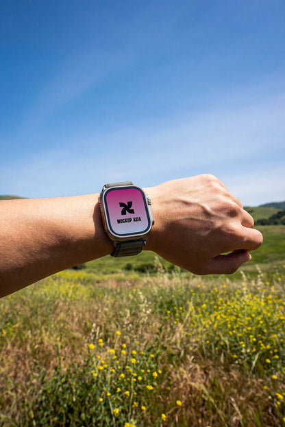 wearable device mockup smartwatch on wrist with outdoor lighting and reflections