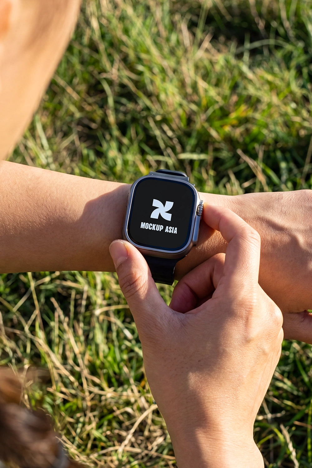 realistic smart watch mockup being touched on wrist with natural sunlight