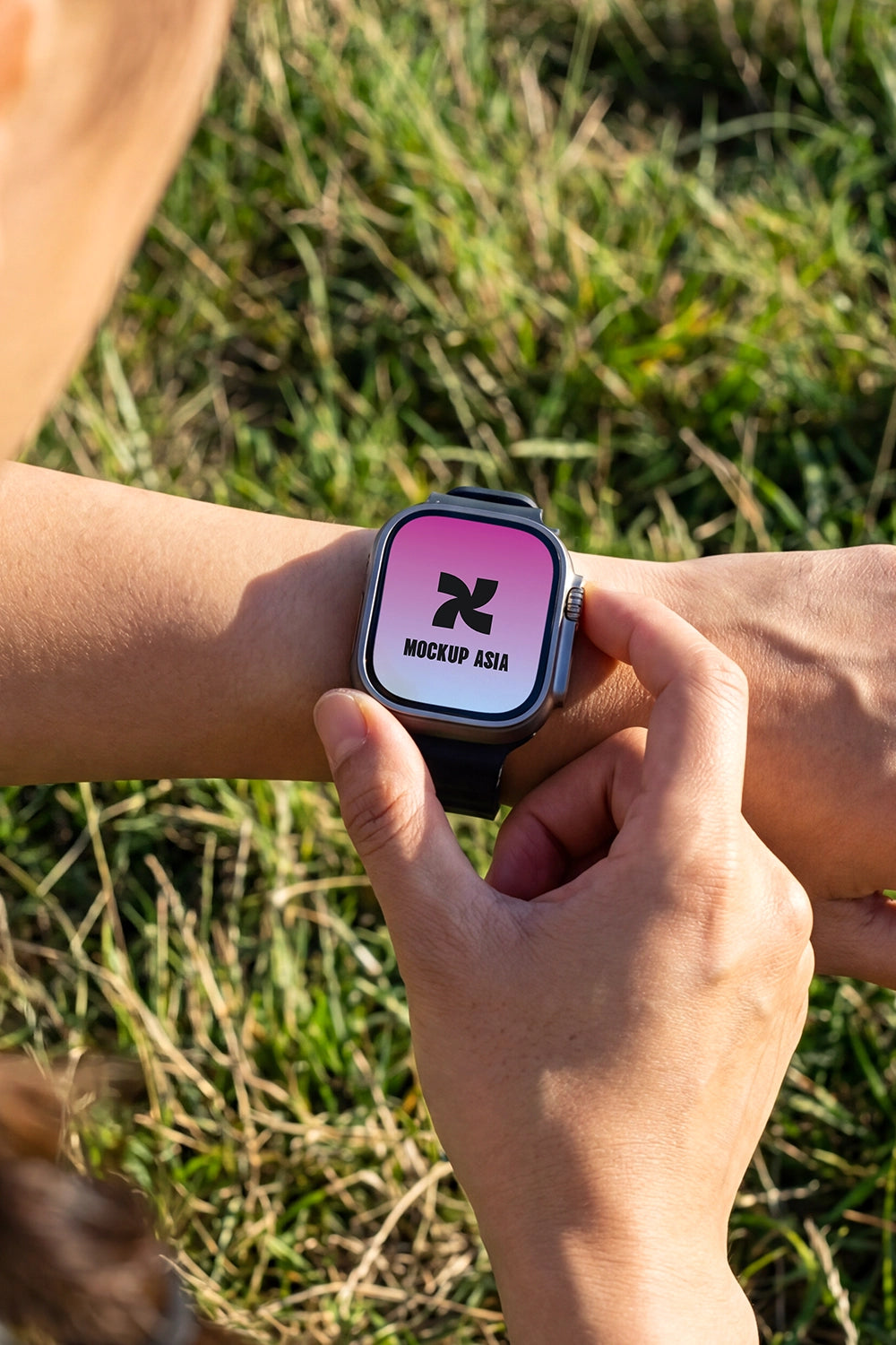 wearable device mockup smartwatch interaction with finger and outdoor lifestyle scene