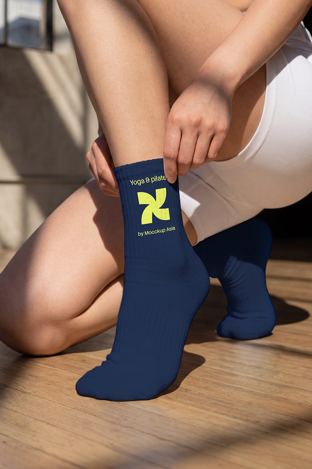 Athletic sock PSD mockup with natural fabric stretch and wellness lifestyle presentation
