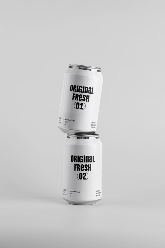 Stacked soda cans mockup two aluminum cans vertical balance minimal packaging design template