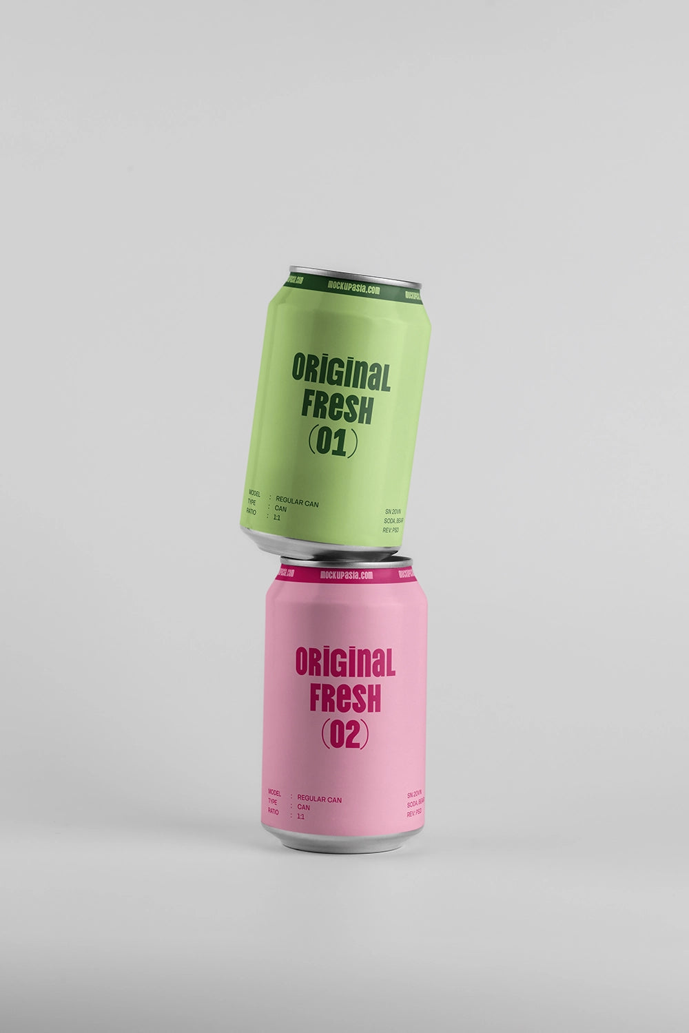 Two blank beverage cans mockup stacked composition realistic shadow clean white background