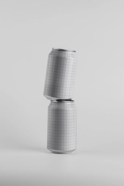 Aluminum drink can mockup stacked front view creative balance packaging PSD template
