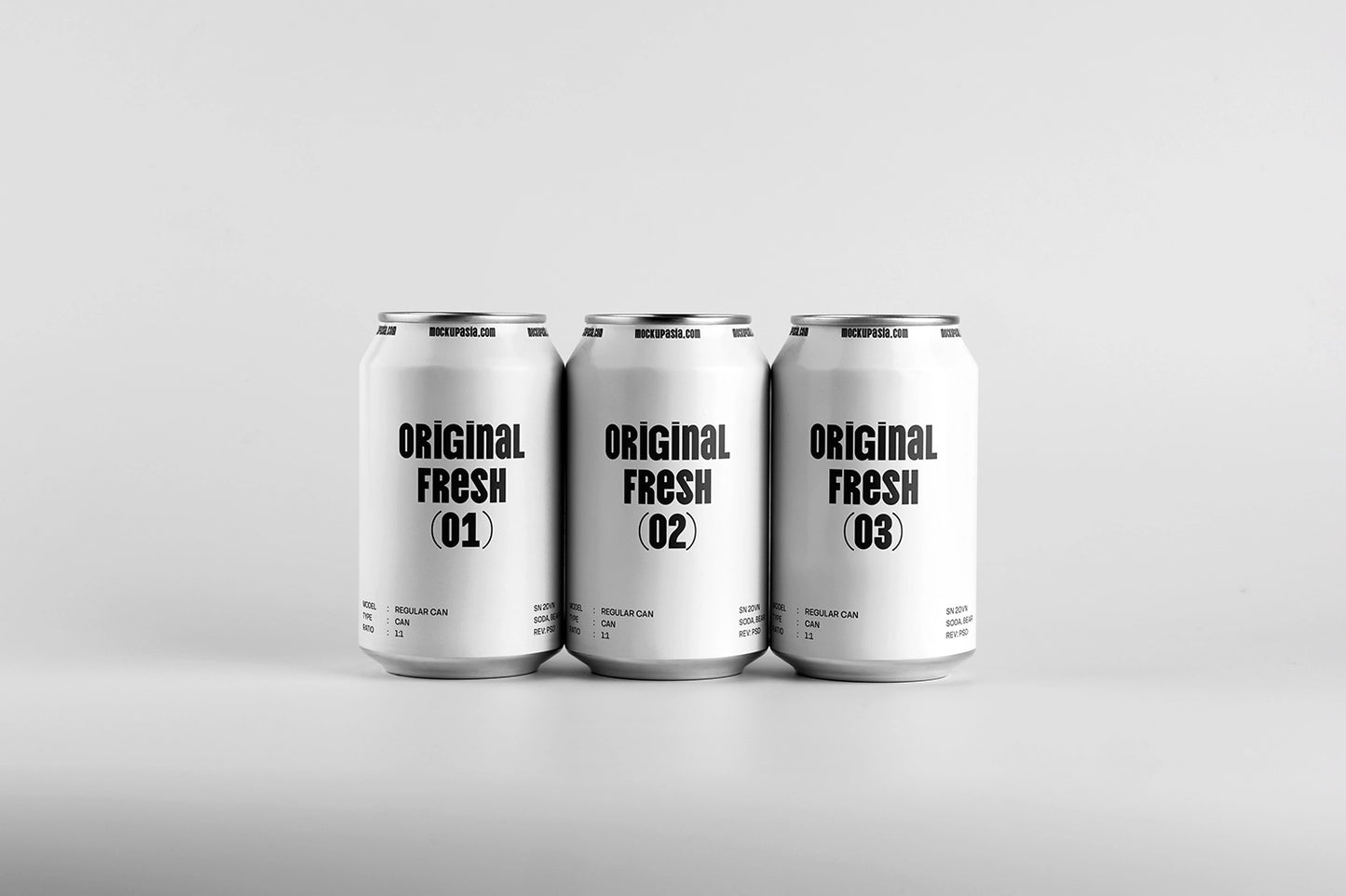Three aluminum soda cans mockup front aligned minimal packaging design clean white background