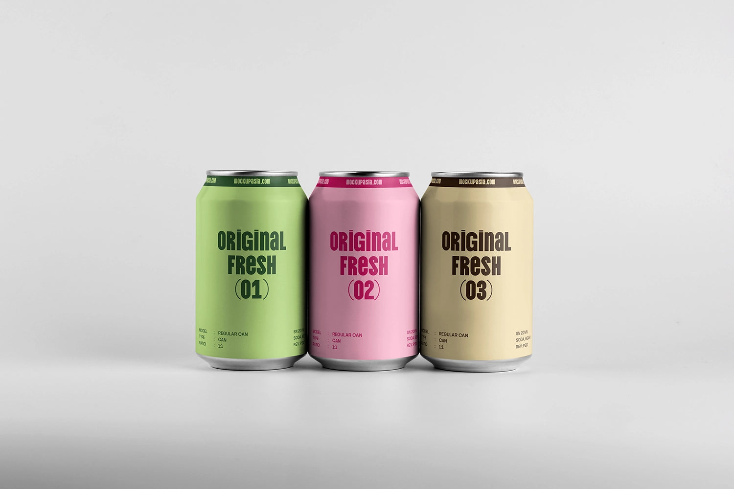 Set of 3 blank beverage cans mockup realistic lighting soft shadow branding presentation template
