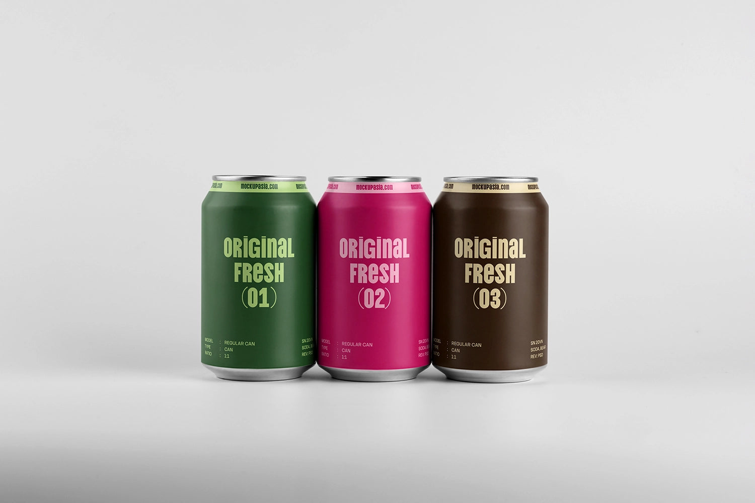 Triple soda can mockup front view aluminum drink packaging PSD clean modern layout