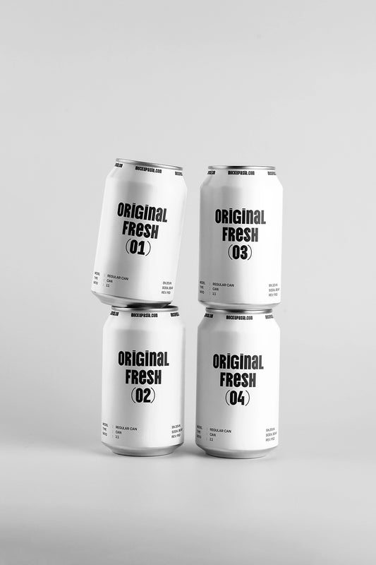 Four soda cans mockup stacked composition aluminum beverage packaging realistic minimal design template